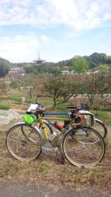 法輪寺の塔と柿をバックに記念撮影(自転車)